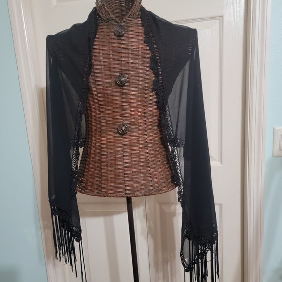 Large Black Shear Dress Scarf with Crotched Edges and Fringe - Picture 4 of 13